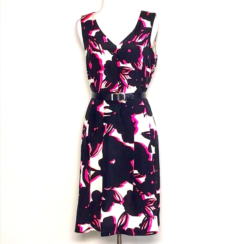DKNY Women’s Silk Black, Pink & White Floral Fit & Flare Midi Dress Size 2